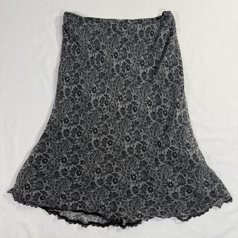 Robbie Bee 100% Silk Black Floral Skirt Ruffle Sz 14 Y2K Grunge Midi